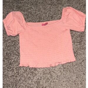 Simply Southern Smocked Top‎ Puff Sleeve Cropped Ruffle Hem Pink NO SIZE TAG M